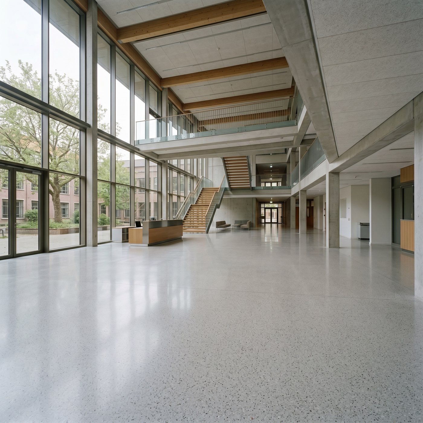 The glazed entrance atrium of an office building