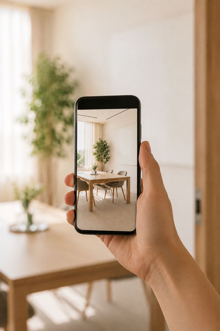 A consultant photographing a meeting room with a smartphone