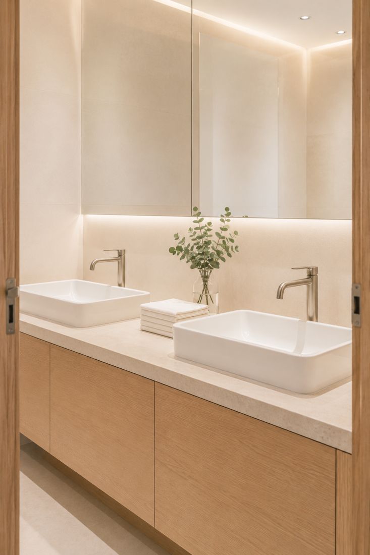 A warm, softly lit guest washroom with twin basins